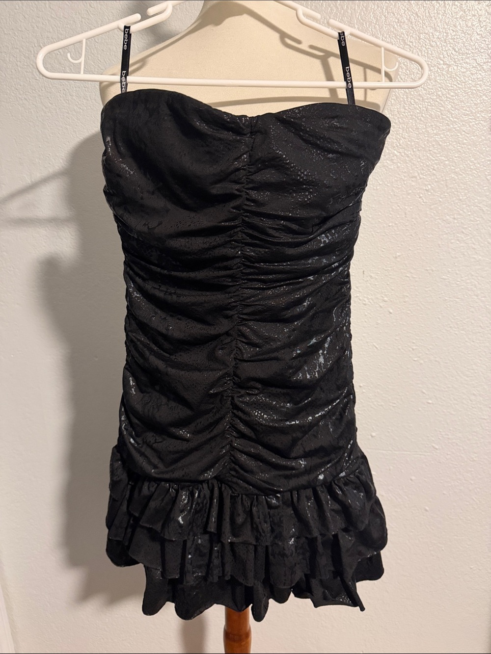2B Bebe Black Ruched Strapless Mini Dress with Ruffle Hem